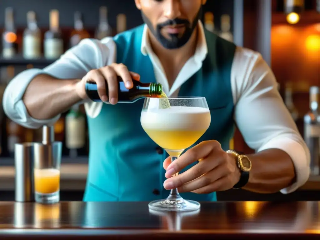 Un experto bartender prepara un Pisco Sour peruano con destreza, capturando la esencia y técnica en un elegante bar