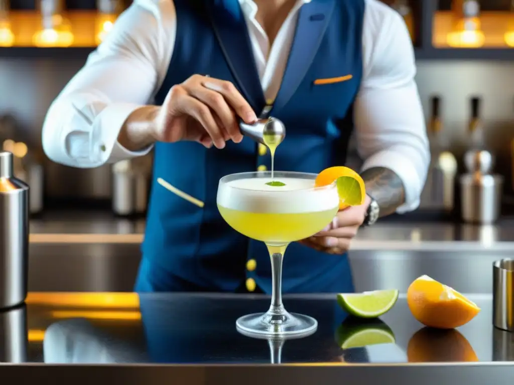 Un experto prepara un Pisco Sour con técnica moderna en una cocina contemporánea