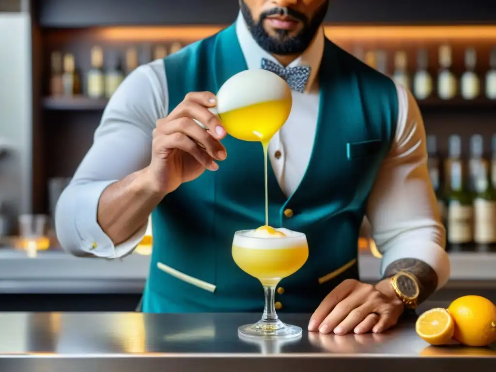 Un experto prepara un Pisco Sour con técnica moderna, capturando la fluidez del líquido amarillo vibrante y la espuma blanca