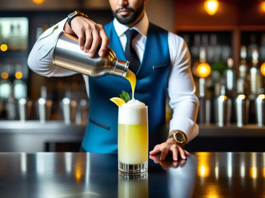 Un experto bartender prepara un Pisco Sour con técnica moderna, mostrando arte y precisión en cada vertido