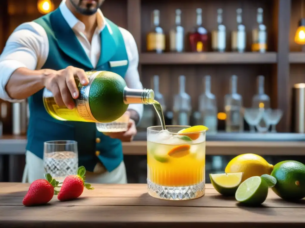 Un experto bartender vierte pisco en vaso cristal rodeado de frutas frescas en un bar rústico