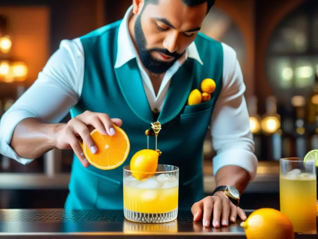 Un experto bartender prepara con precisión un Chilcano, fusión refrescante pisco ginger ale, rodeado de licores y cítricos