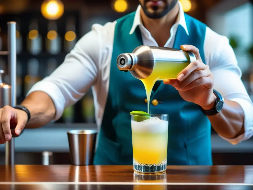 Un experto bartender prepara con precisión una receta auténtica Pisco Sour Peruano, mostrando su destreza y pasión