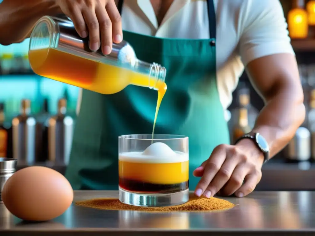 Un bartender experto prepara la receta del cocktail peruano Algarrobina en un bar tradicional, destacando la mezcla de ingredientes