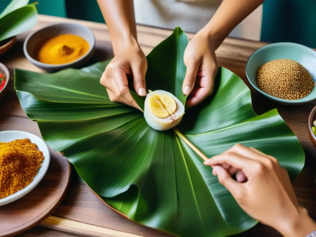 Un experto prepara una Patarashca receta pescado peruana con maestría, rodeado de especias e ingredientes frescos en una mesa rústica