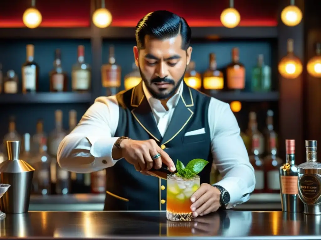 Un experto bartender elaborando un sofisticado cóctel de pisco en un elegante bar