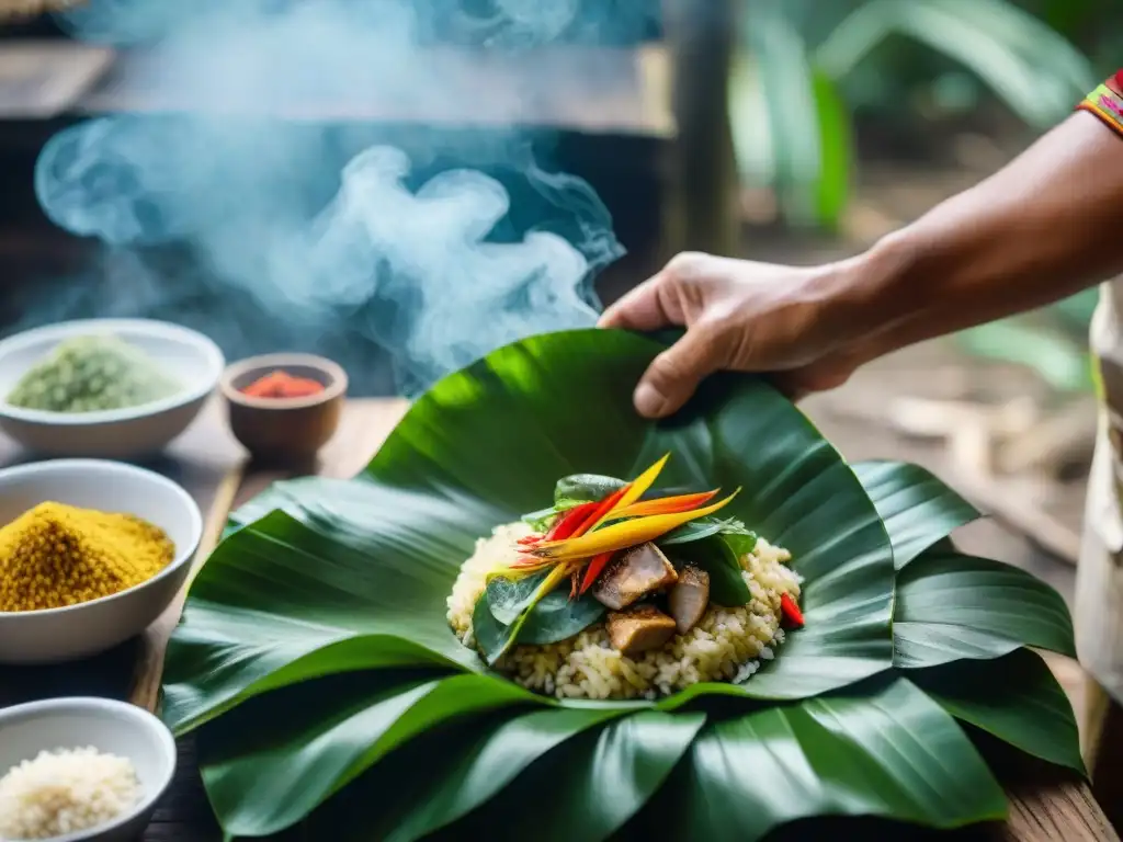 Un experto chef envuelve un juane tradicional peruano en hojas de bijao en la selva amazónica