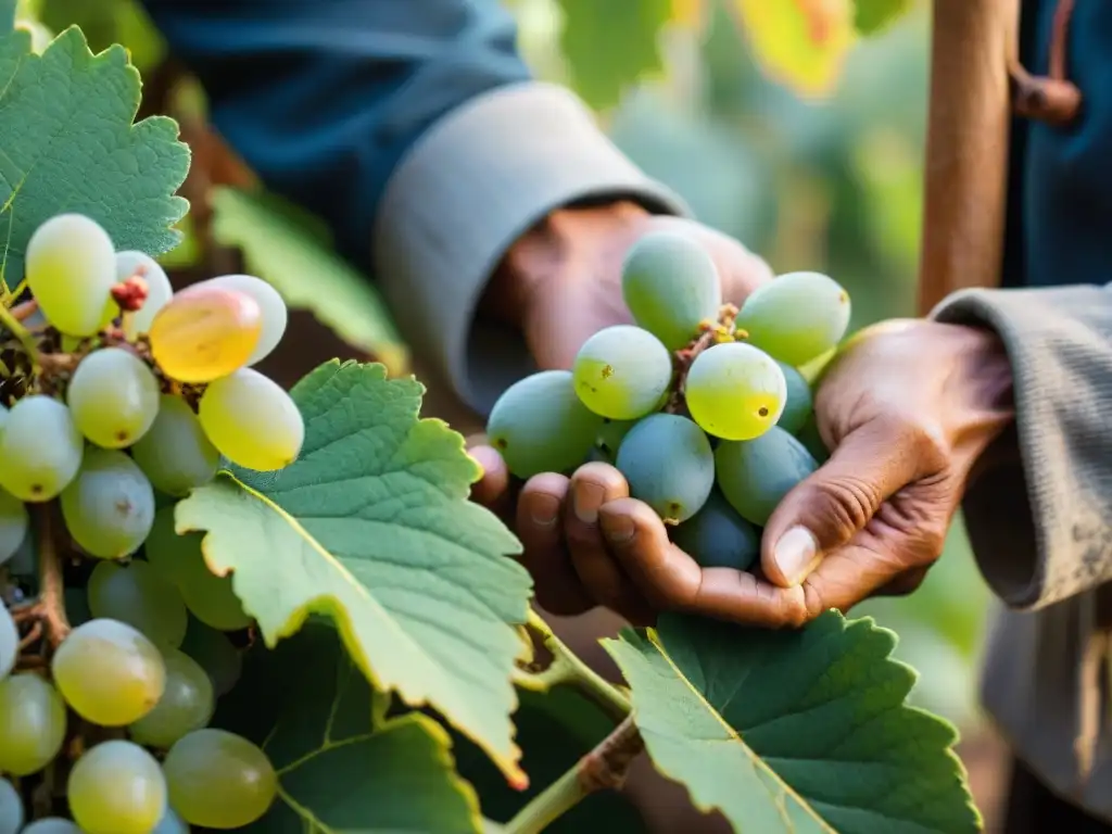 Un experto recolecta uvas de pisco raros y únicos en viñedo peruano al atardecer