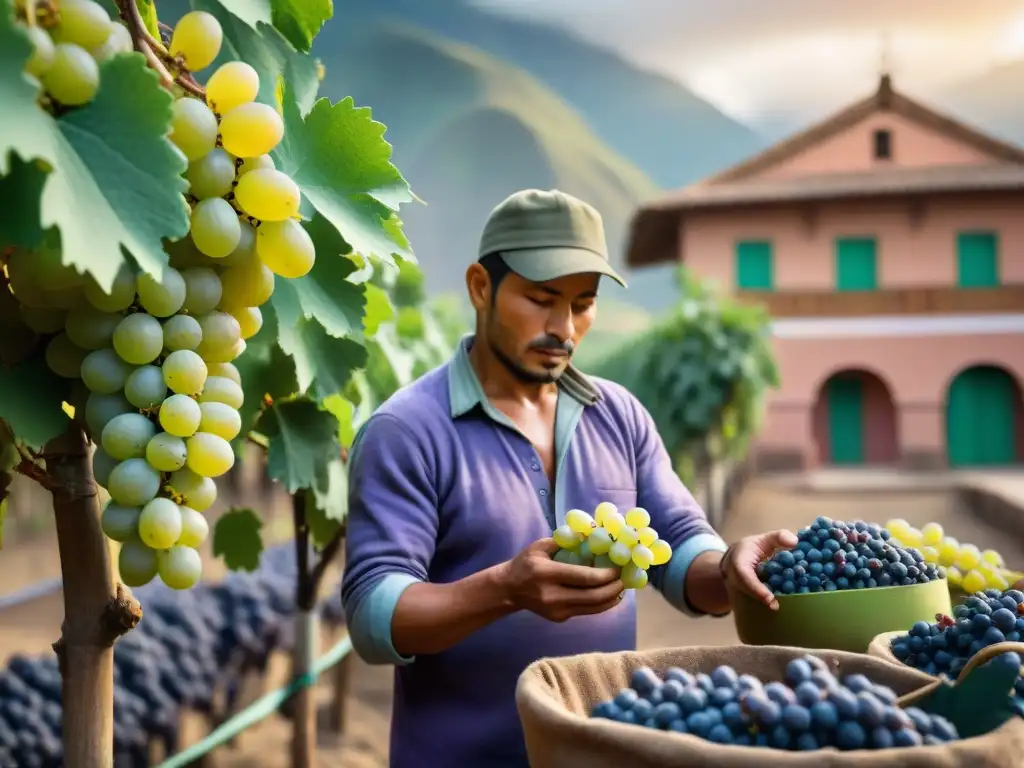 Un experto recolectando uvas para Pisco bajo el sol andino