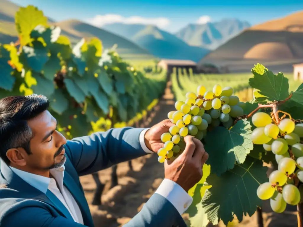 Experto cosechando uvas en viñedo peruano al atardecer