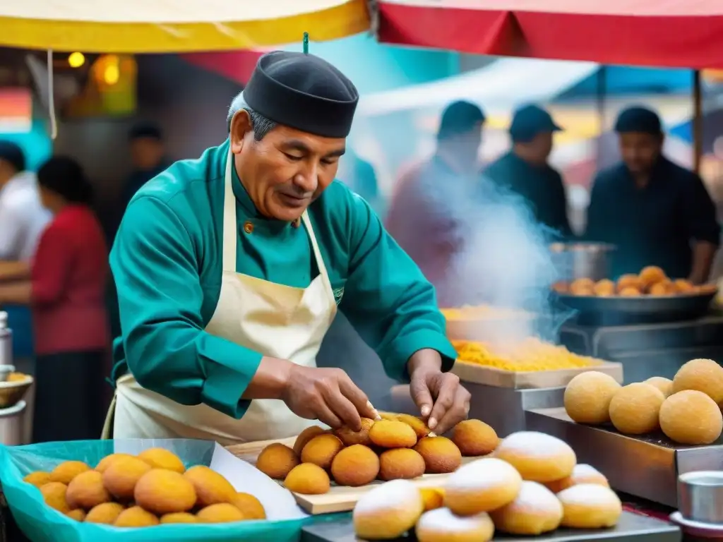 Un experto vendedor de picarones en un mercado peruano