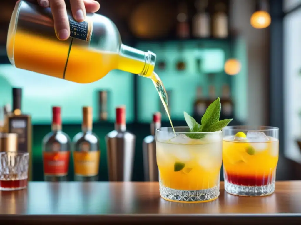 Un experto bartender sirviendo un vibrante Chilcano de Maracuyá con pisco