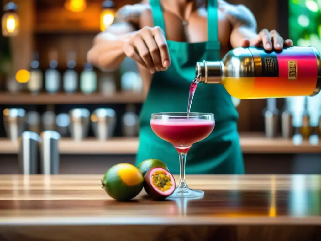 Un experto bartender vierte un vibrante cóctel de aguajina en un elegante vaso, rodeado de ingredientes amazónicos