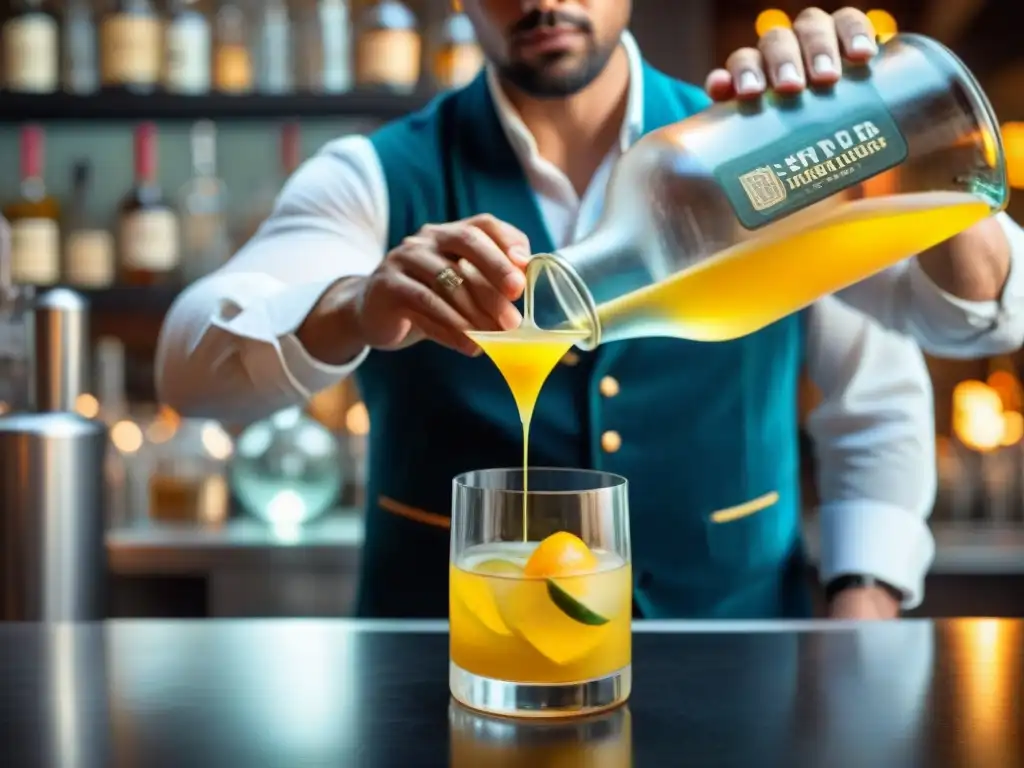 Un experto bartender sirviendo un vibrante cóctel amarillo en un vaso decorado, bajo una suave luz natural