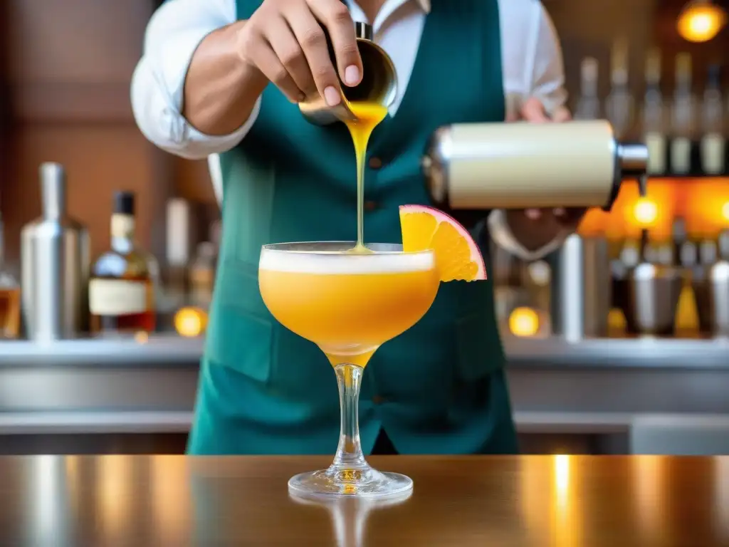 Un experto barman prepara un vibrante Maracuyá Sour, destacando la espuma y semillas de maracuyá