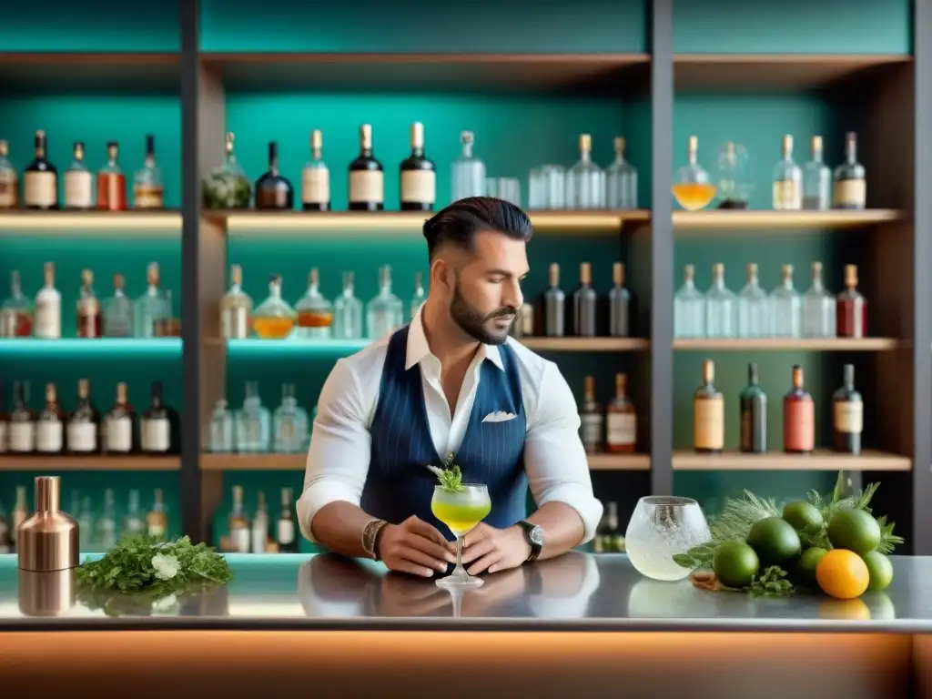 Un experto Virgo preparando un Coctel Herbáceo con Pisco en un elegante bar, destacando los detalles y colores vibrantes