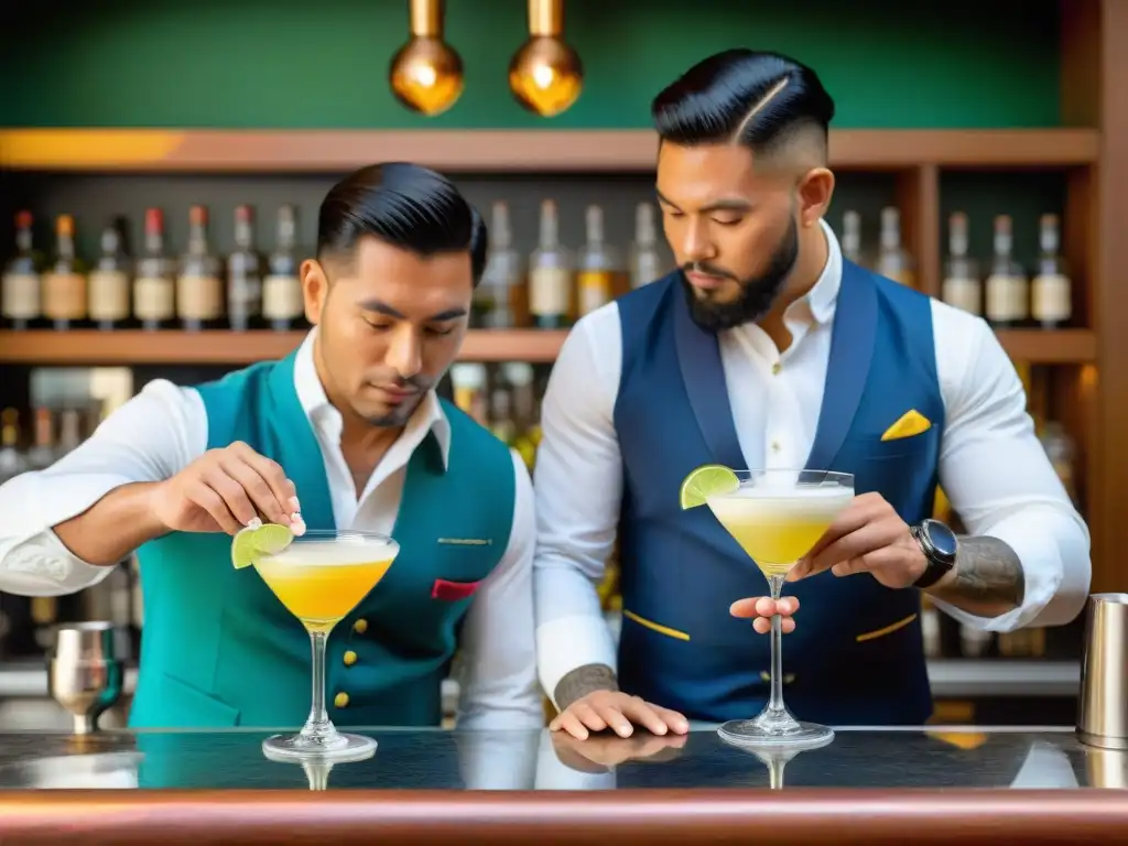 Dos expertos bartenders de Perú y Chile preparan pisco sour, en una escena vibrante de unidad y tradición