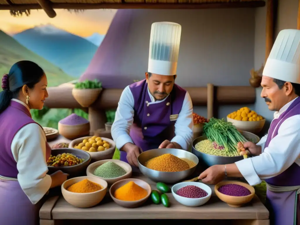 Expertos chefs andinos preparando plato tradicional en cocina rústica de montaña con ingredientes autóctonos