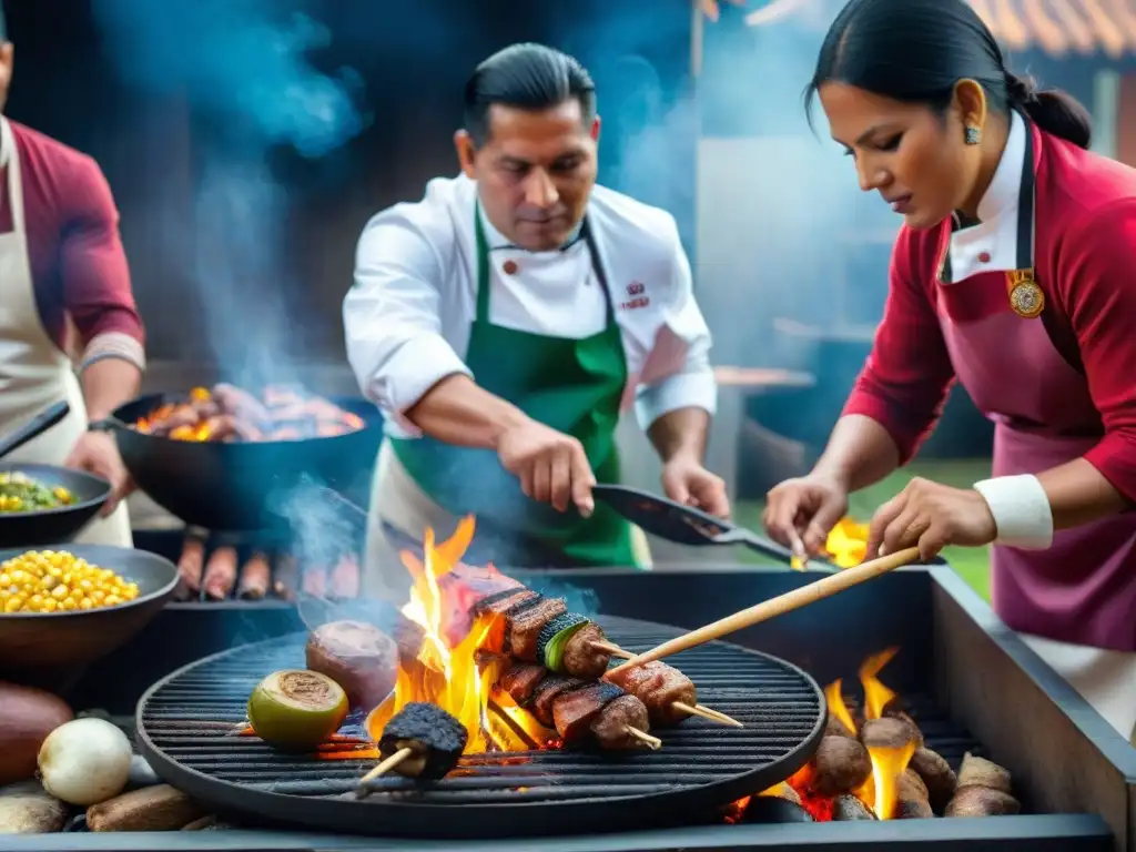 Expertos chefs peruanos preparando anticuchos sobre la parrilla, rodeados de ingredientes vibrantes