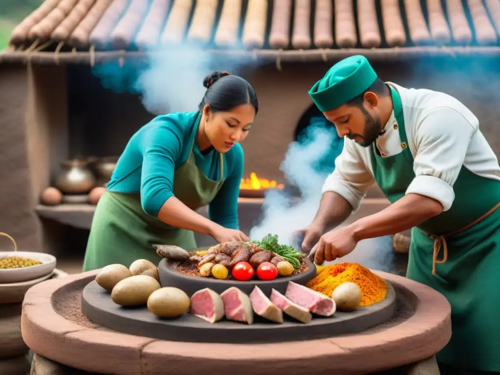 Expertos cocineros preparando una Pachamanca con esmero en un horno de tierra, resaltando colores vibrantes