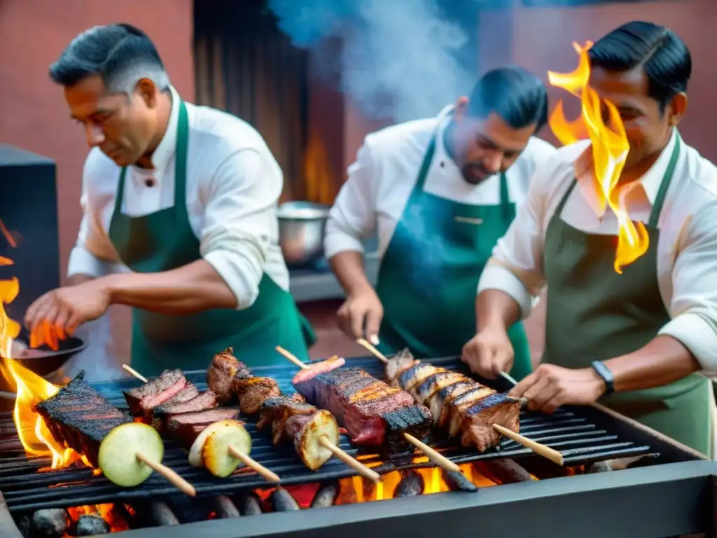 Expertos maestros parrilleros peruanos preparando una parrilla tradicional con destreza