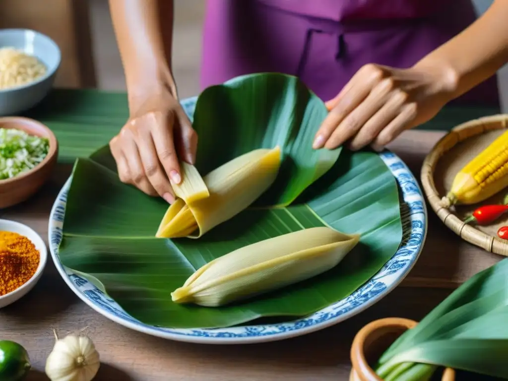 Expertos manos preparando tamales peruanos con ingredientes autóctonos