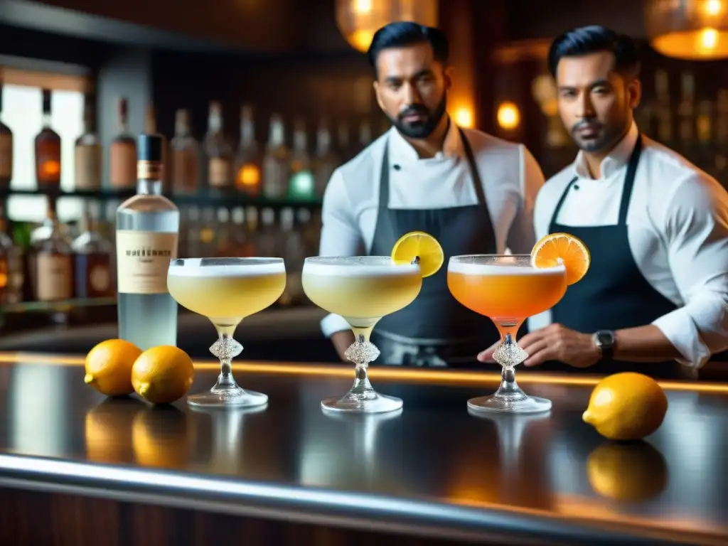 Expertos mixólogos preparan pisco sours en bar elegante