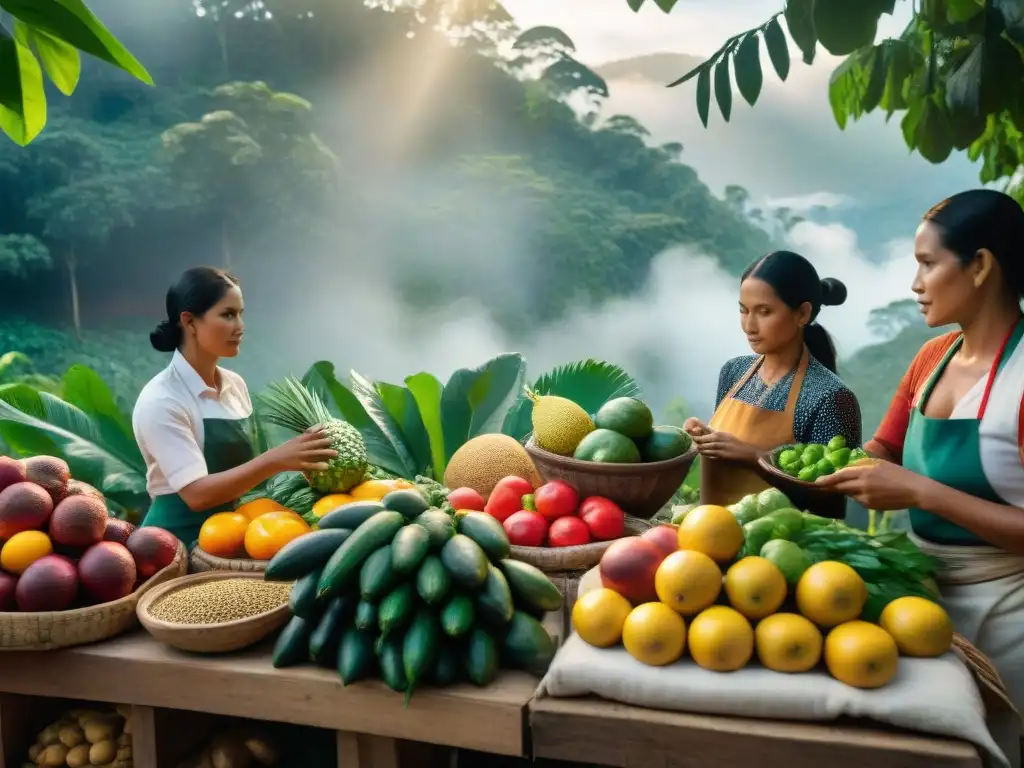 Exploración de chefs en mercado amazónico por ingredientes amazónicos en gastronomía peruana