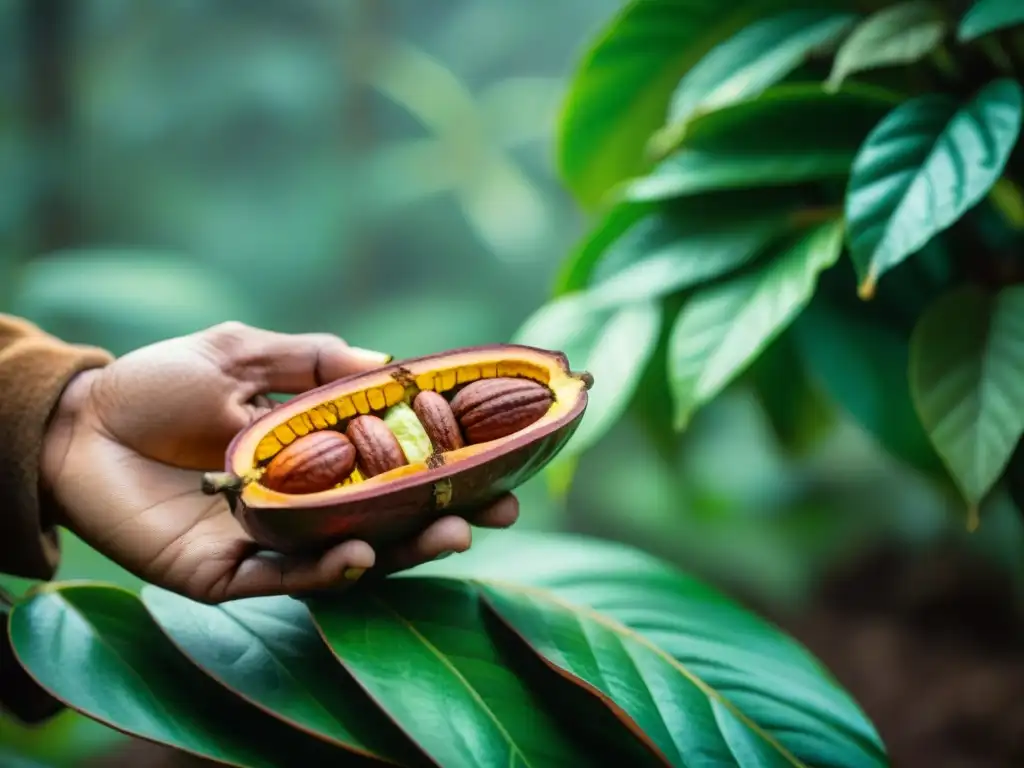 Exploración detallada de un agricultor de cacao peruano en una plantación exuberante