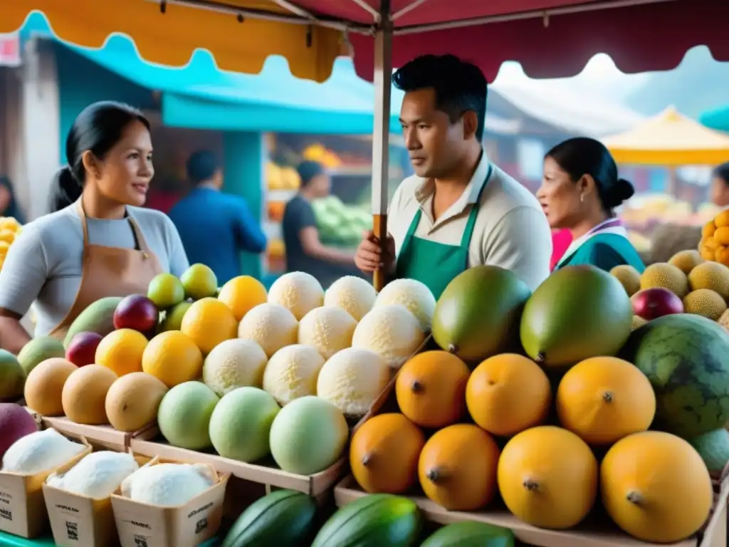 Exploración de innovaciones helados con frutas exóticas en animado mercado peruano