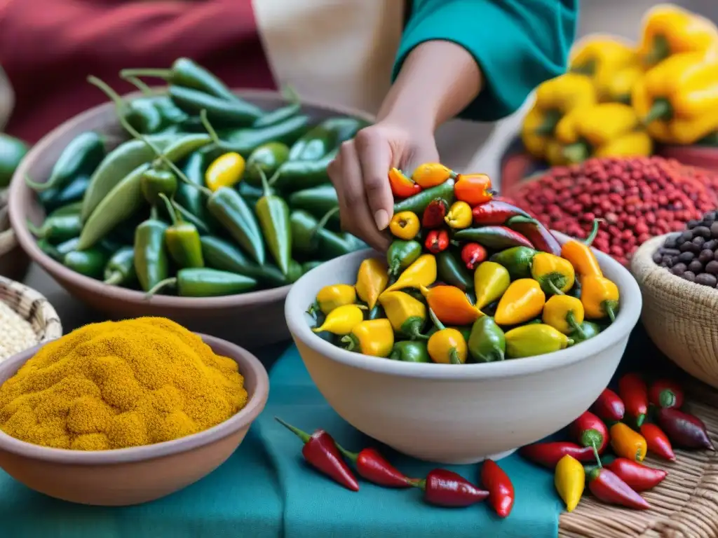 Una explosión de color en un puesto de mercado peruano, destacando la importancia del ají en Perú