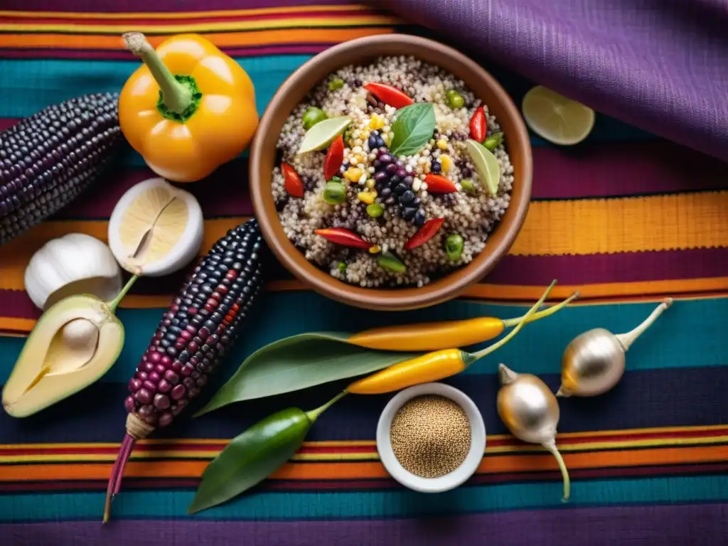 Una explosión de colores de ingredientes autóctonos peruanos sobre textil andino