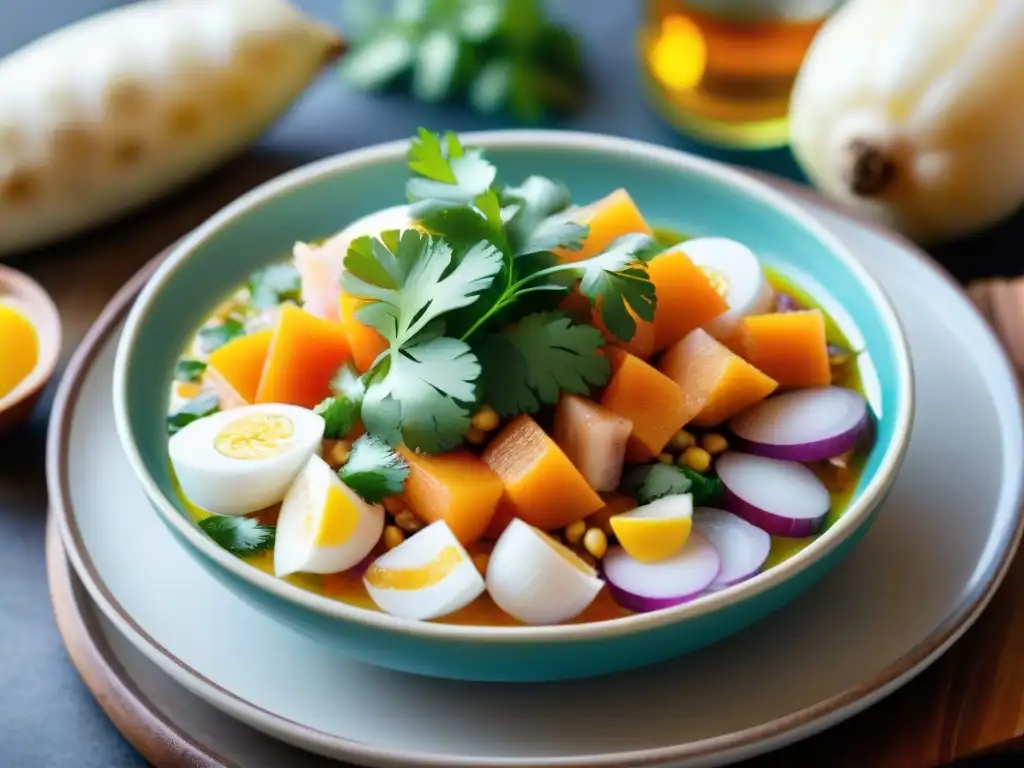 Una explosión de colores y sabores en un ceviche peruano con ingredientes autóctonos