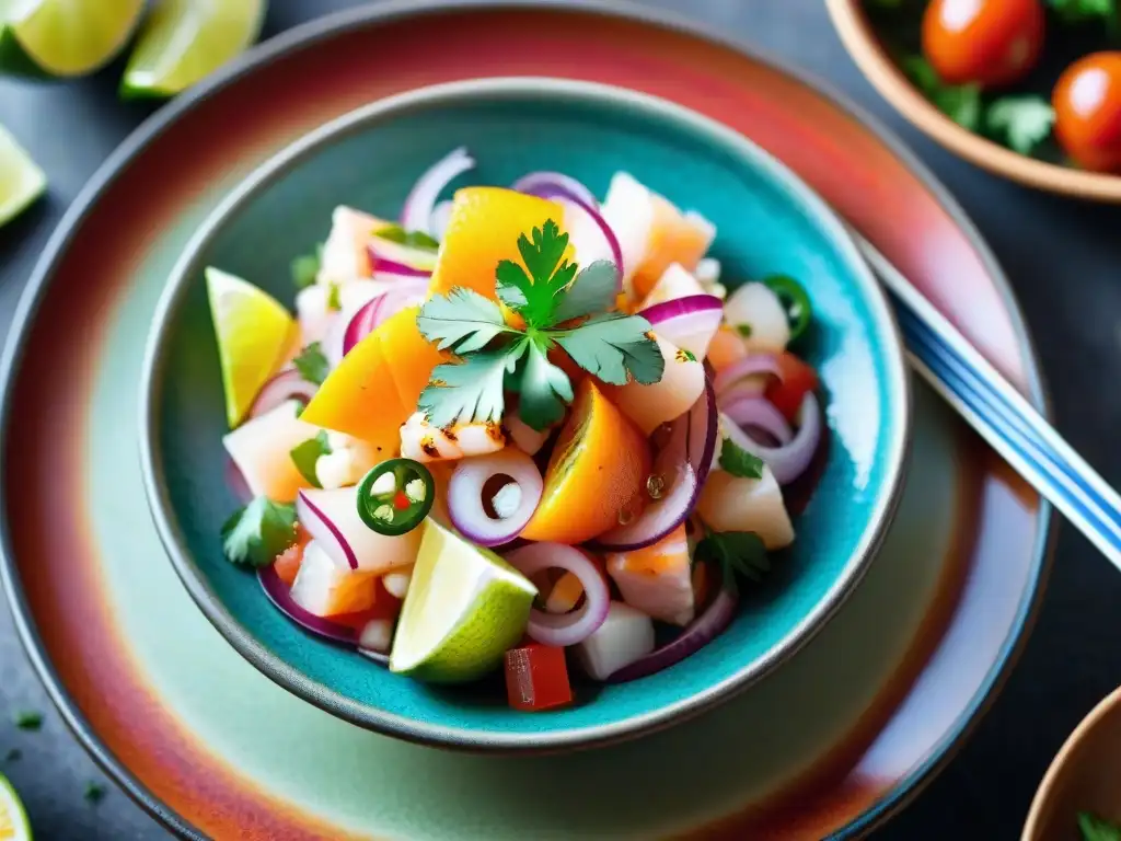 Una explosión de colores y sabores en un ceviche peruano tradicional y contemporáneo en un mercado local