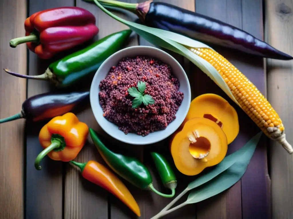 Una explosión de colores y sabores de la cocina vegetariana peruana con ingredientes autóctonos en una mesa rústica