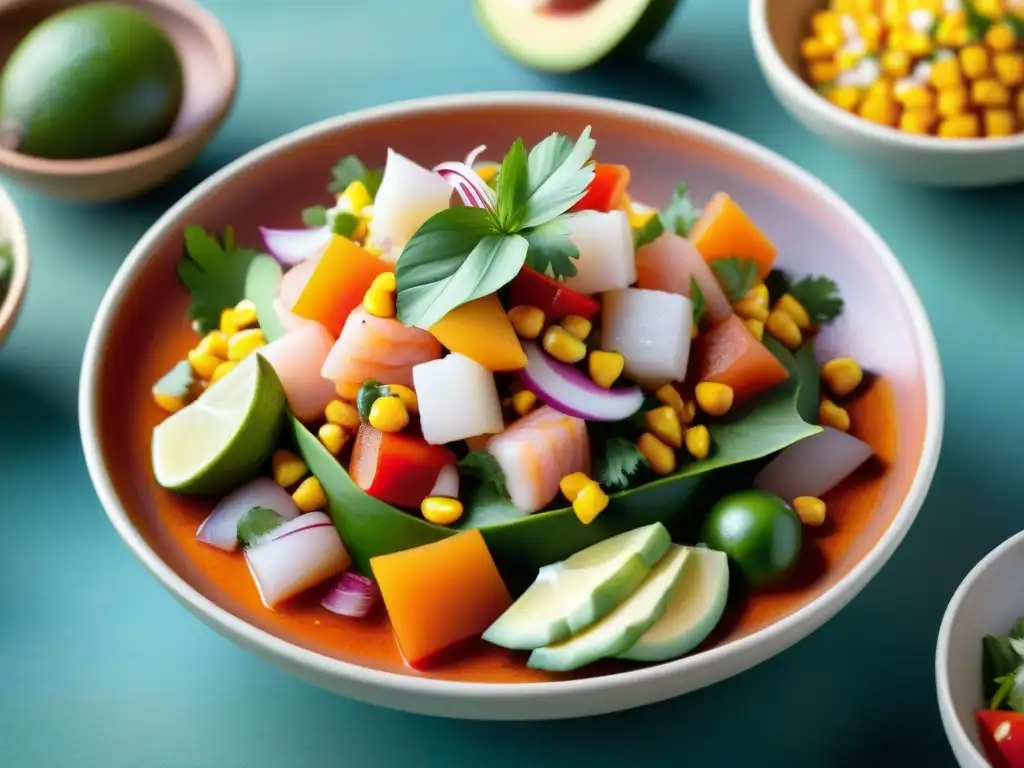 Una explosión de colores y sabores: variedades de ceviche peruano en un plato cerámico