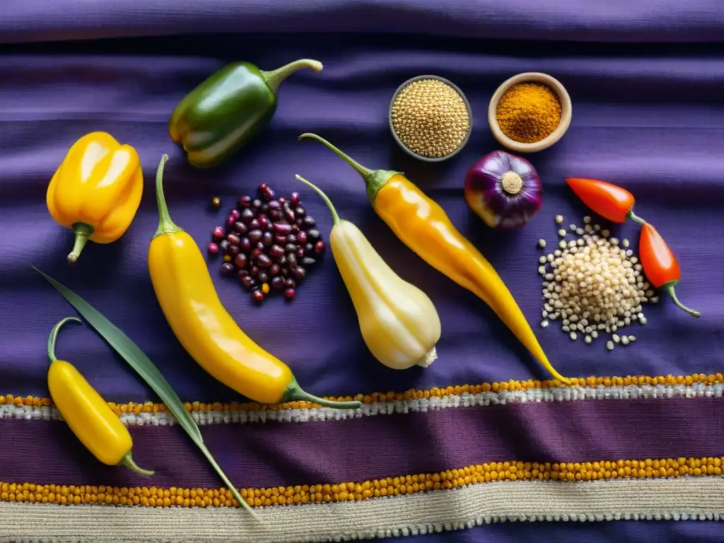 Una explosión de colores y texturas de ingredientes autóctonos peruanos sobre textil tradicional