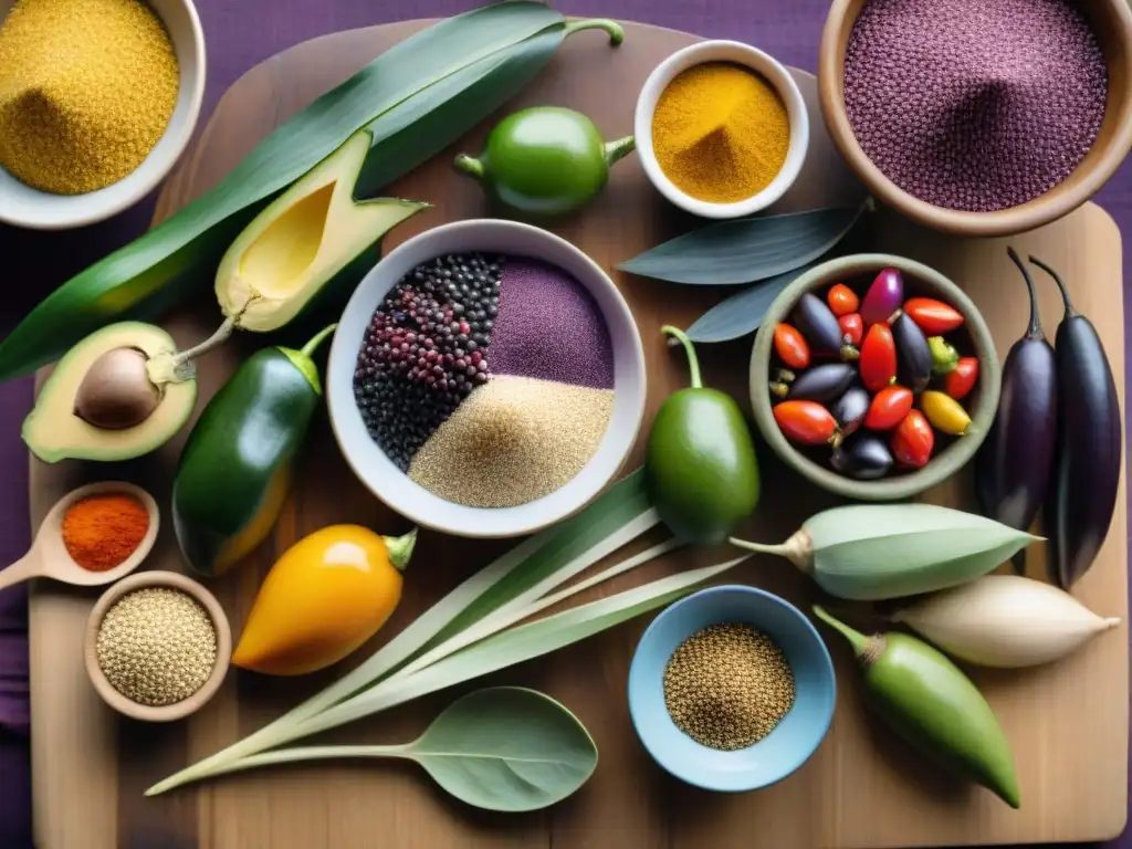 Una explosión de colores y texturas de ingredientes peruanos en una mesa rústica, resaltando la sostenibilidad en la cocina de vanguardia en Perú