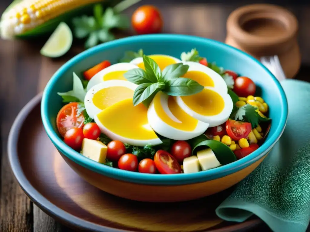 Una explosión de colores y texturas en la Receta ensalada solterito arequipeño, resaltando la frescura de cada ingrediente en un mercado peruano