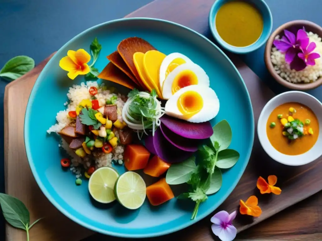 Una explosión de colores y texturas en vibrantes platos peruanos sobre madera, resaltando la gastronomía