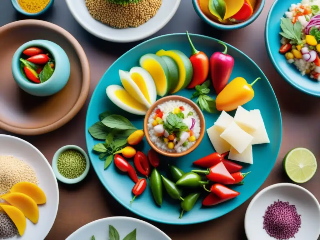 Una explosión de coloridos platos de la cocina saludable peruana en un mercado local vibrante