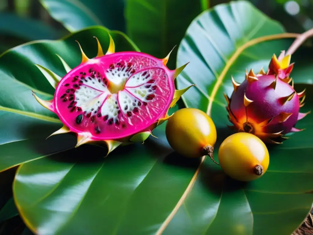 Una explosión de ingredientes exóticos de la Amazonía peruana en alta resolución: camu camu, pitahaya, rambután y cacao