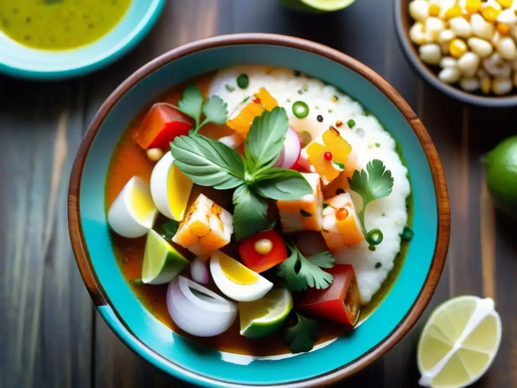 Una explosión de sabores precolombinos en un ceviche peruano vibrante y detallado