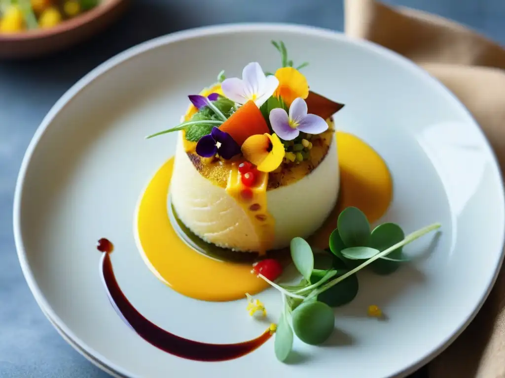 Una exquisita Causa Limeña en un plato vibrante, resaltando el estilismo en la presentación gastronómica en una cocina peruana