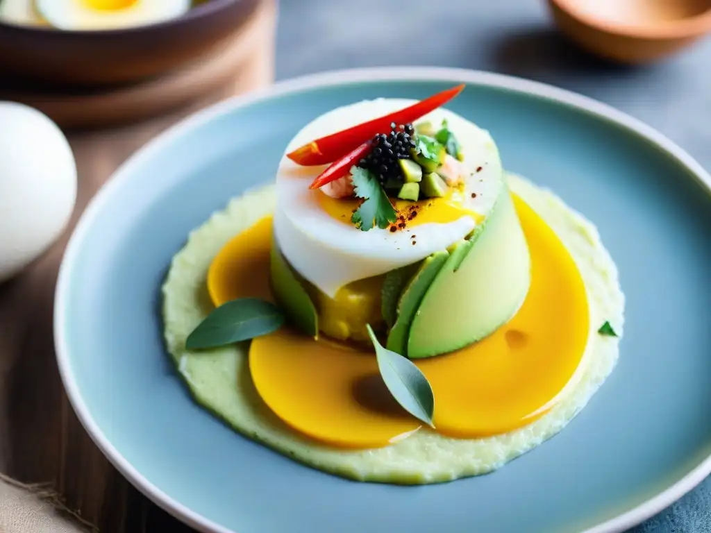 Una exquisita Causa Limeña receta auténtica plato con capas de papa sazonada, ají amarillo y aguacate