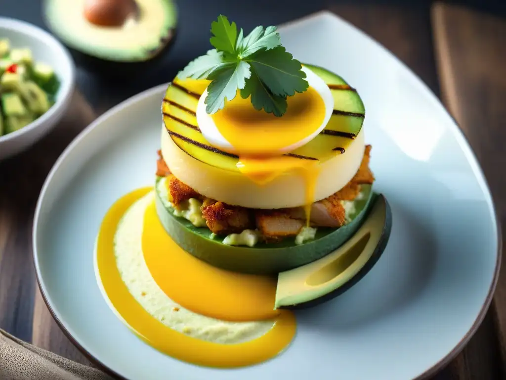 Una exquisita Causa Rellena peruana, con papa amarilla, pollo, aguacate y huevo, decorada con aguacate, ají amarillo y cilantro fresco