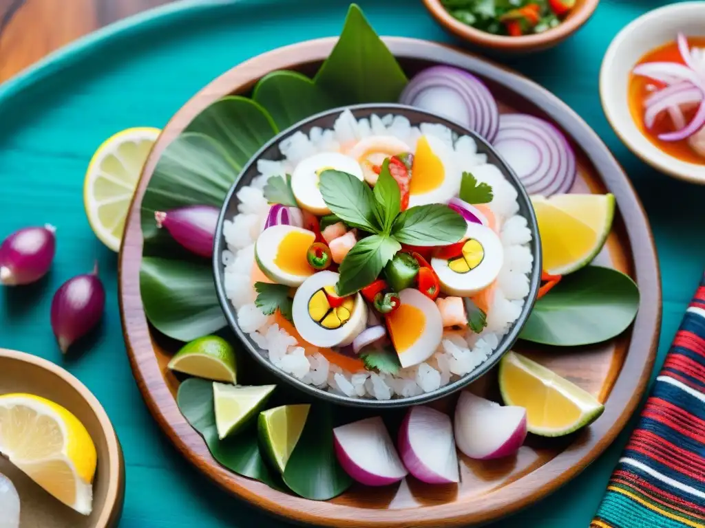 Una exquisita decoración de cena de pescados y mariscos estilo peruano en ceviche