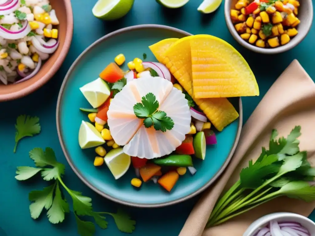 Una exquisita ceviche peruana con pescados y mariscos frescos, servida en un plato de barro, en un animado mercado de mariscos