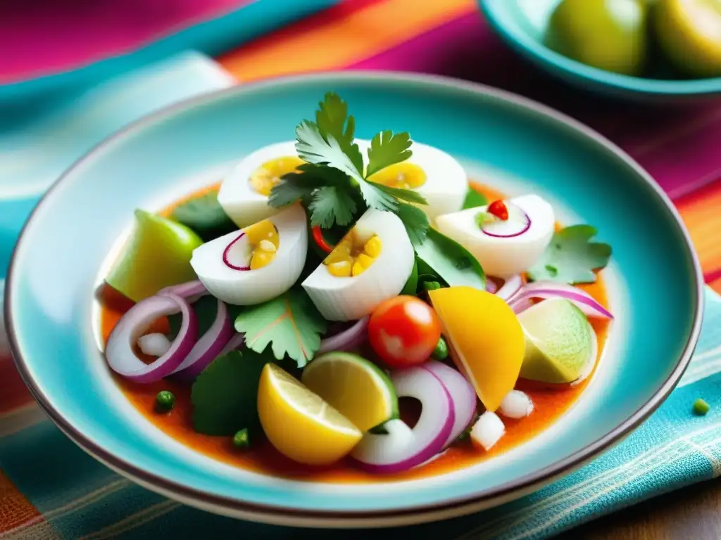 Una exquisita representación de ceviche peruano tradicional autóctono en un plato cerámico vibrante sobre textil peruano