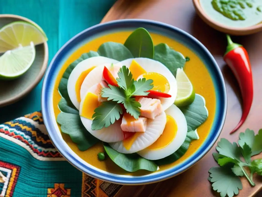 Una exquisita fotografía de ceviche peruano tradicional, con vibrantes ingredientes frescos y decoración colorida